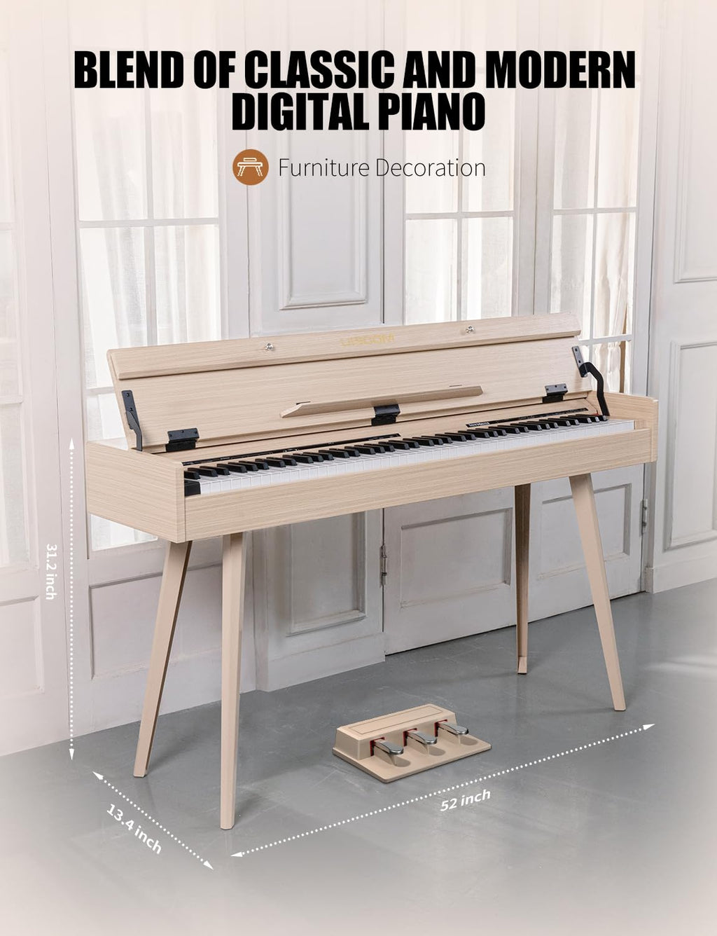 UISCOM 88 Key Weighted Digital Piano - Wooden Desk Electric Piano Transforms Between Desk and Vanity - Progressive Hammer-Action Keyboard, Perfect for Beginners with MIDI Functionality