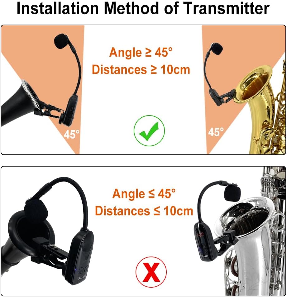 UHF Wireless Clip-on Saxophone Microphone System | 164ft Range Instrument Mic with Plug-and-Play Transmitter & Receiver for Sax, Trumpet, Trombone, French Horn