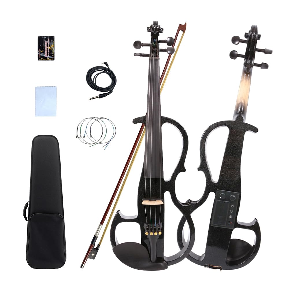 4 String Electric Viola Full 4/4 Size, Silent Practice Viola, Solid Wood Metallic Electric Violas with Ebony Fittings, Beginner Kit for Adults Teens (black)