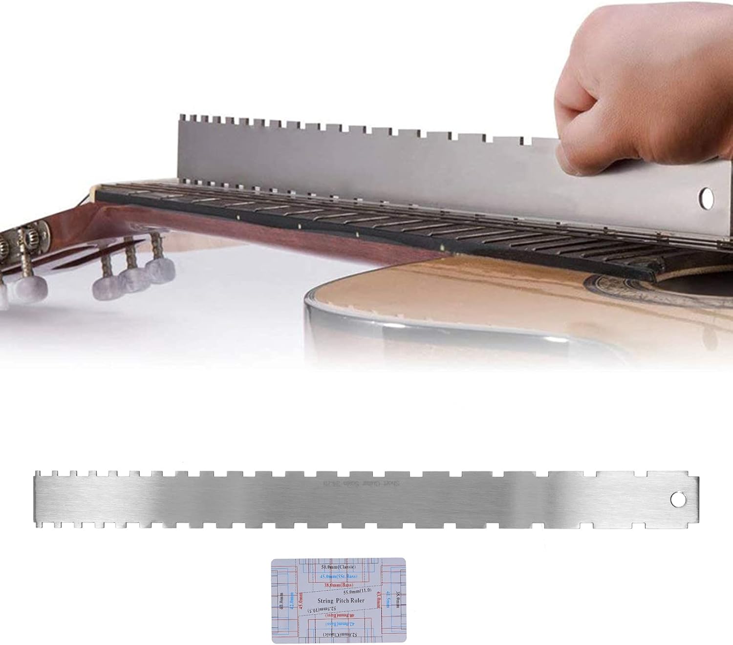 Guitar String Action Gauge Set with Neck Ruler & Pitch Tool, Professional Stainless Steel Measuring Kit for Electric & Acoustic Guitars (420mm/16.5in & 85mm/3.3in)