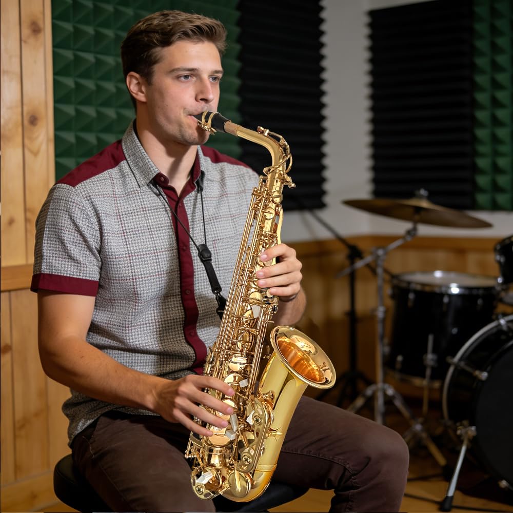 Beginner Alto Saxophone, E Flat - Complete Starter Kit with Case & 10 Reeds, for Adults & Students, Easy to Play for School Band & Practice(Gold)