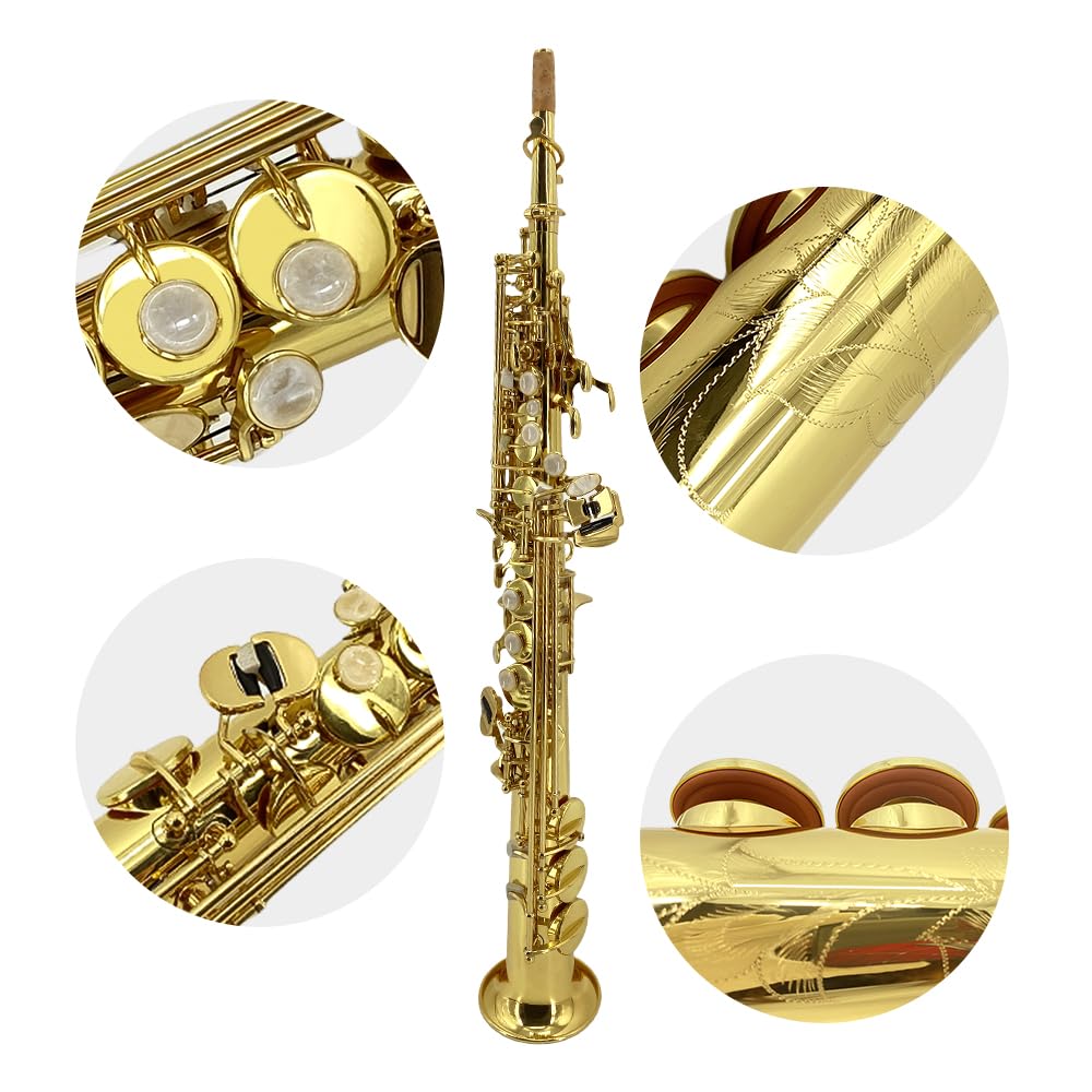 Bb Straight Soprano Saxophone–Gold Lacquer Finish, Ergonomic Design with Case, Mouthpiece, Neck Strap & Accessories, Ideal for Beginners & Advanced Players（Golden）