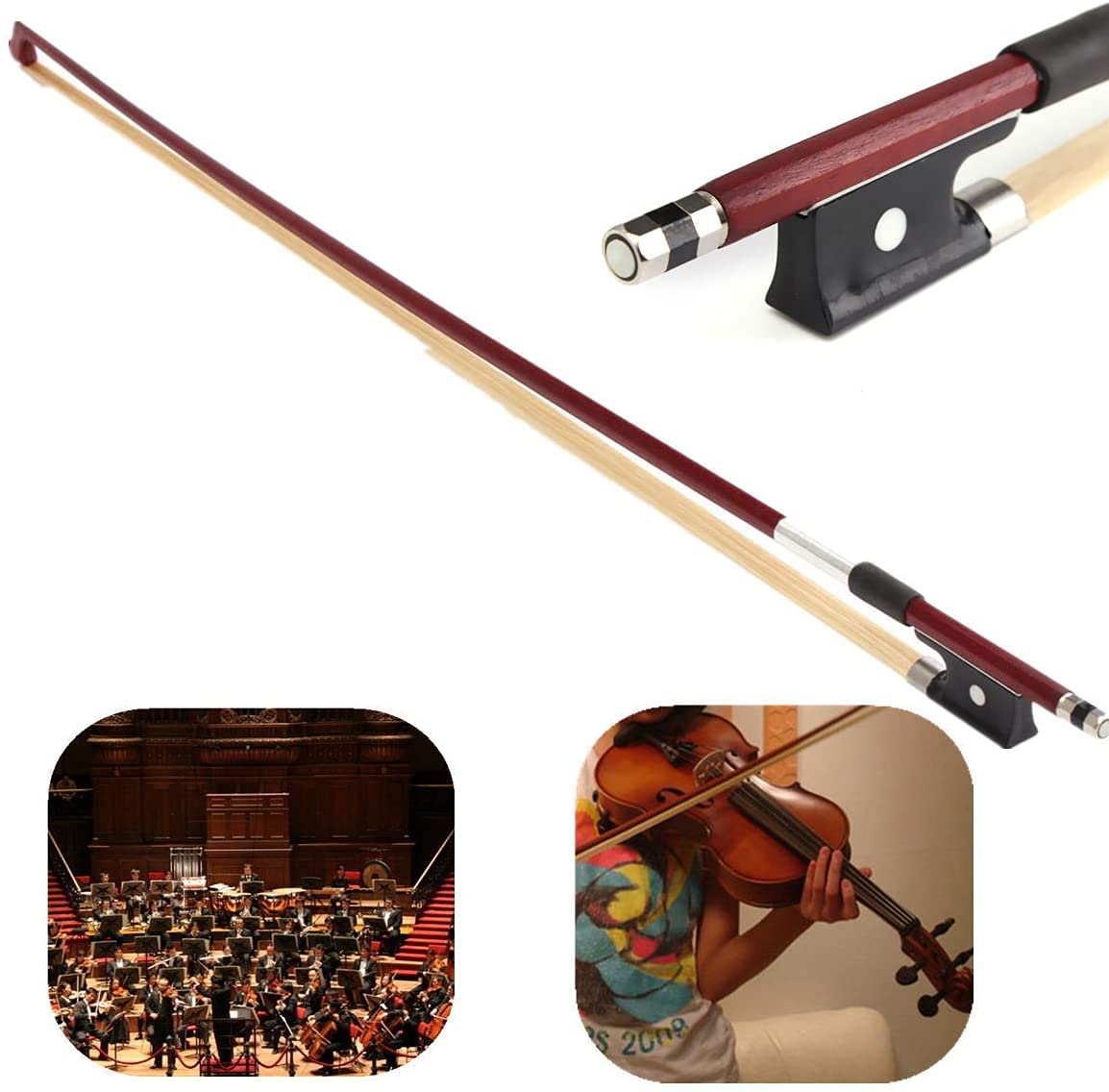 AMZZ Professional 1/2 Violin Bow – Brazilwood, Ebony Frog, White Horsehair, Handmade & Balanced for Students & Advanced Players