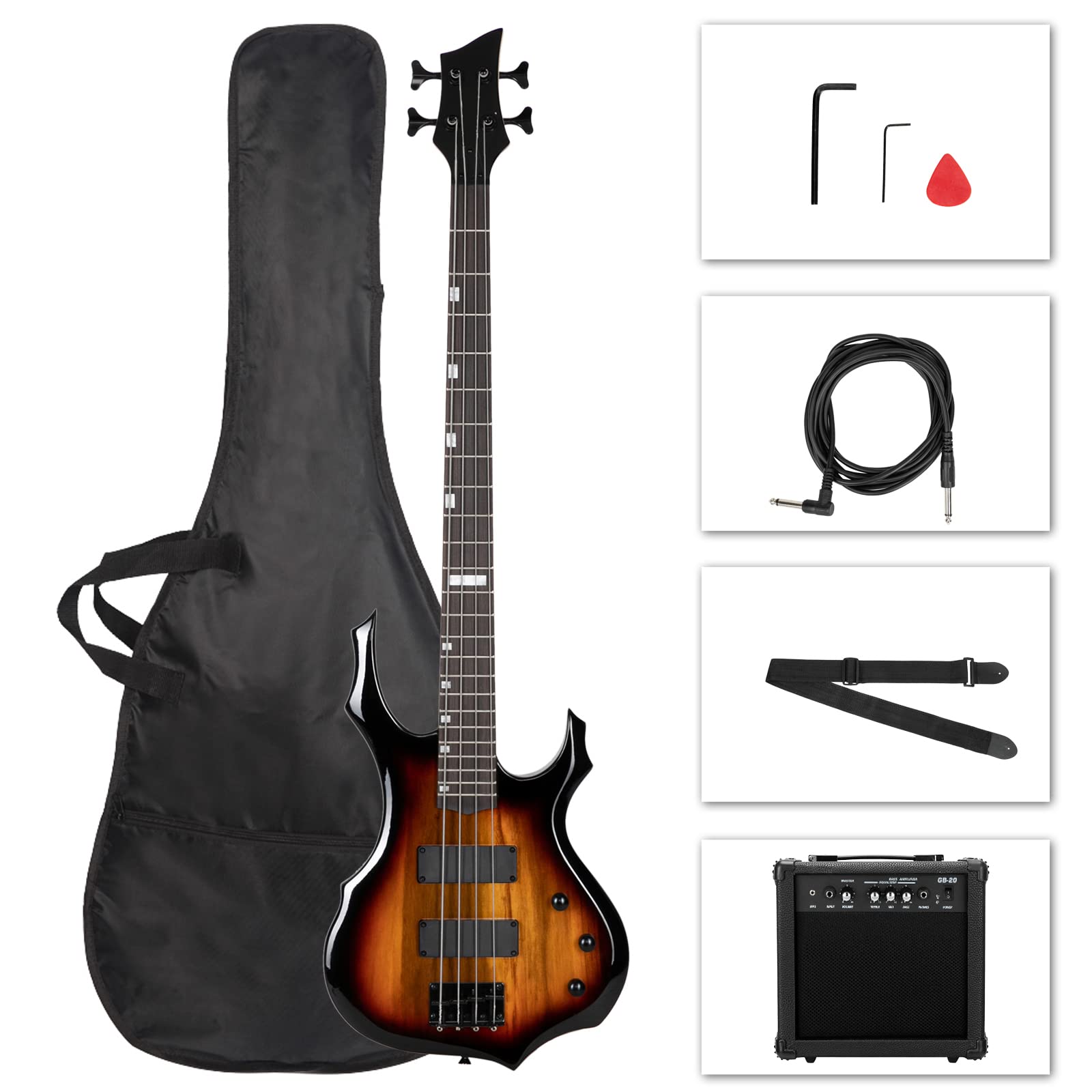 Ktaxon Electric Bass Guitar Full Size Flame Design Bass Set with 20 Watt Amplifier, Portable Bass Bag, Superior Amp Wire, Adjustable Guitar Strap, Plectrum, Wrench Tool(Matte Black)