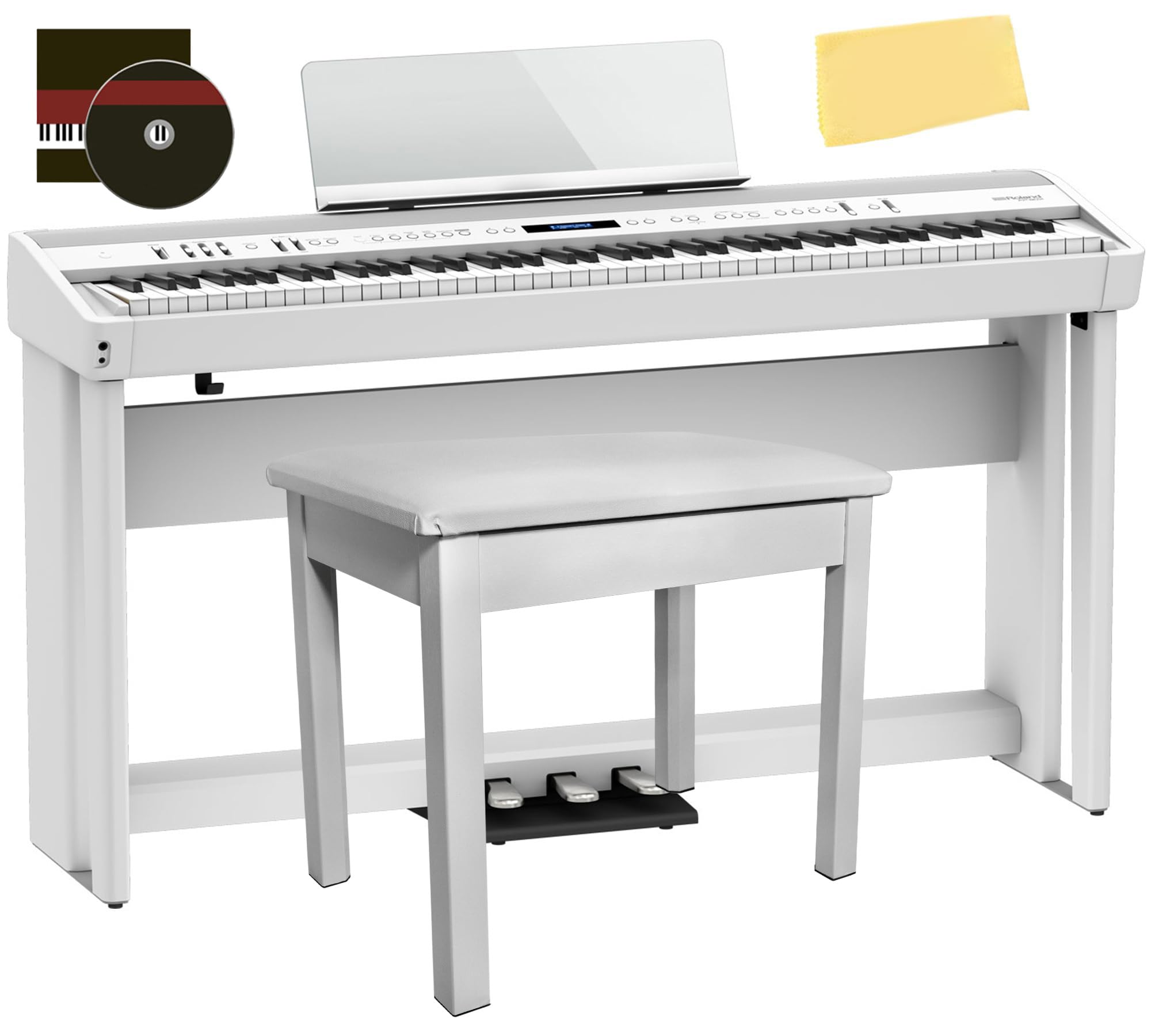Roland FP-90X 88-Key Digital Piano - White Bundle with KSC-90 Stand, Three Pedal Unit, Bench, Online Lessons, Instructional DVD, and Austin Bazaar Polishing Cloth