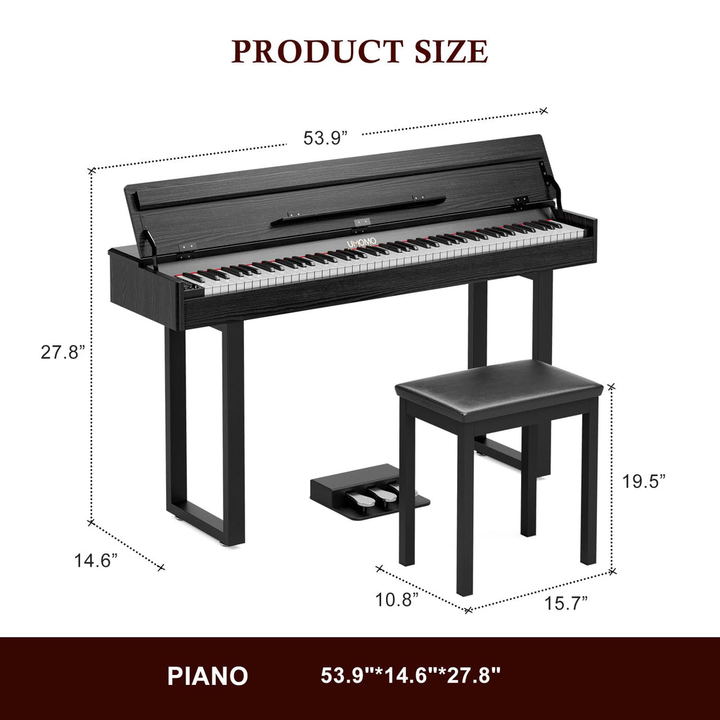 UMOMO 88 Key Weighted Digital Piano with Progressive Hammer Action, Metal Stand & Single Bench, Triple Pedals, USB MIDI, 128 Tones/Rhythms – Full Size Electric Keyboard for Beginners