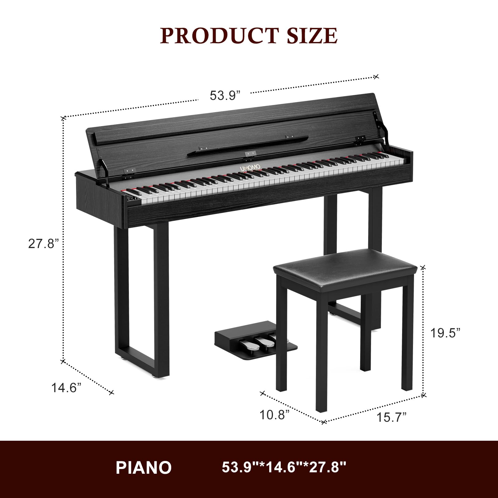 UMOMO 88 Key Weighted Digital Piano with Progressive Hammer Action, Metal Stand & Single Bench, Triple Pedals, USB MIDI, 128 Tones/Rhythms – Full Size Electric Keyboard for Beginners