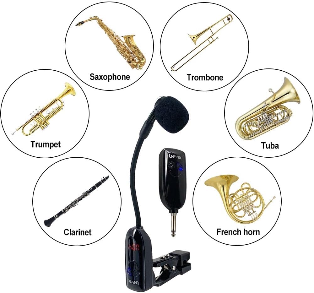 UHF Wireless Clip-on Saxophone Microphone System | 164ft Range Instrument Mic with Plug-and-Play Transmitter & Receiver for Sax, Trumpet, Trombone, French Horn