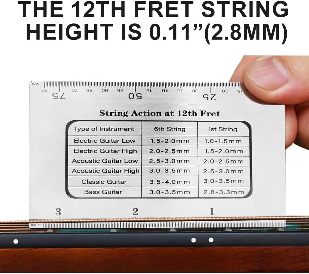 10PCS Guitar String Action Gauge Set for Guitar and Bass Setup | Stainless steel ruler, 9 understring radius gauges, measures action and curvature, for luthier repair and maintenance