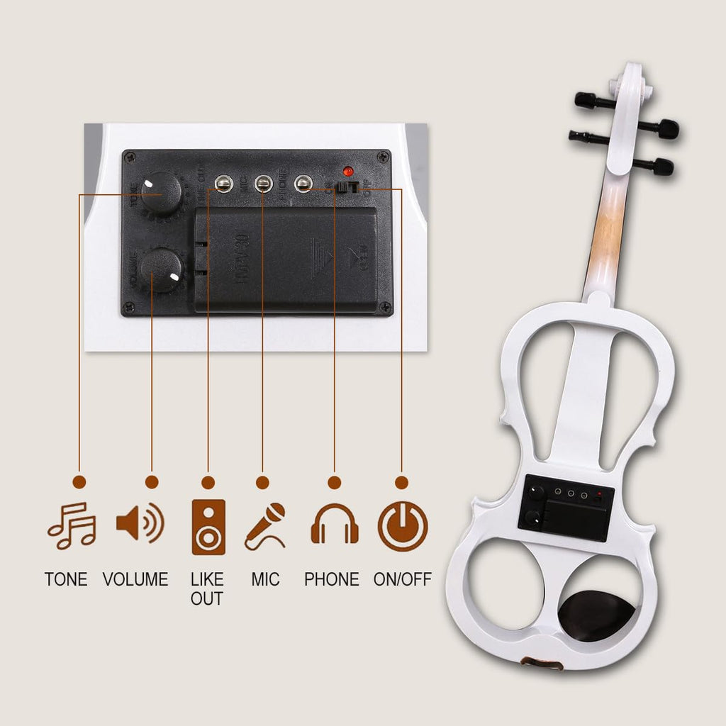 Vetimobato 16 Inch Electric Viola 4 String Practice Silent Viola Solidwood Walnut with Maple Neck Ebony Fittings Metallic Coating Case Bow Headphones AUX Cable Perfect for Beginner Professional(White)