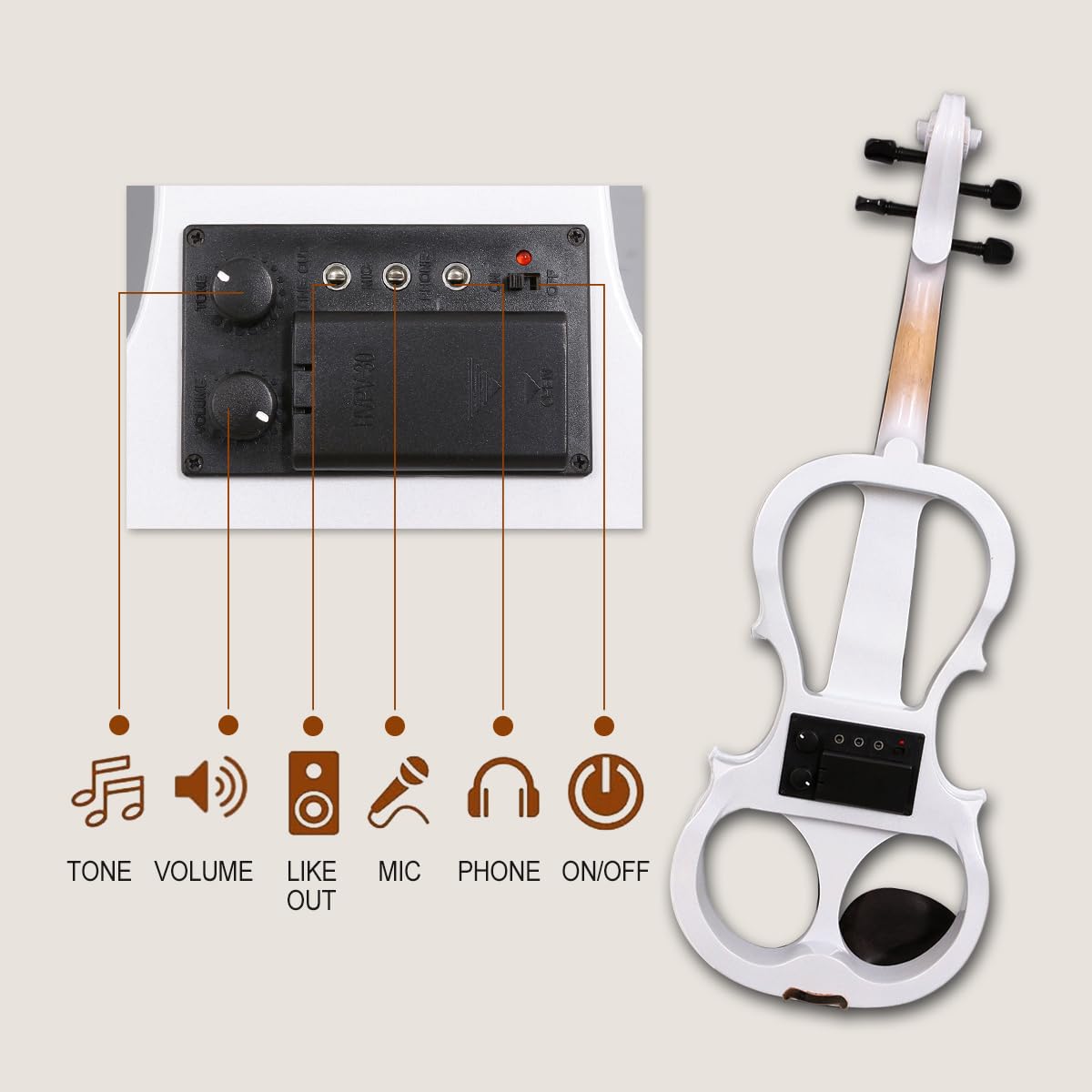 Vetimobato 16 Inch Electric Viola 4 String Practice Silent Viola Solidwood Walnut with Maple Neck Ebony Fittings Metallic Coating Case Bow Headphones AUX Cable Perfect for Beginner Professional(White)