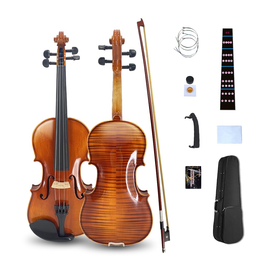Vetimobato Handmade 4/4 Full Size Violin Set - One-piece Flame Back Maple Neck Solid Wood Fittings Complete Kit with Case Bow Shoulder Rest Strings for Beginners to Intermediate Players (4/4)