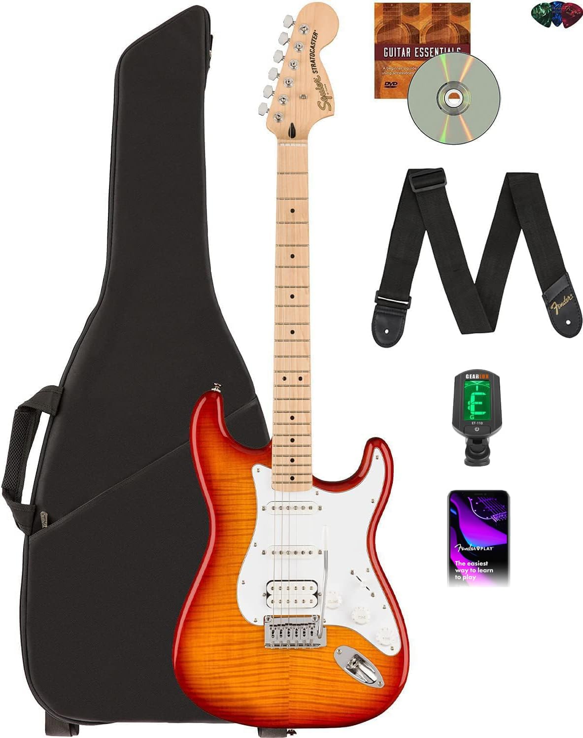 Fender Squier Affinity Stratocaster FMT HSS - Sienna Sunburst Bundle with Frontman 10G Amplifier, Gig Bag, Tuner, Instrument Cable, Strap, Picks, and Austin Bazaar Instructional DVD