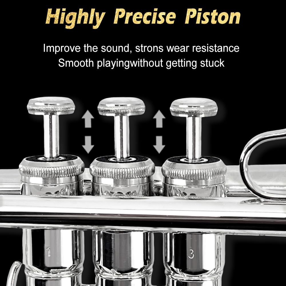 Trumpet Set for Beginners - Includes Silver Standard Trumpet, Hard Case, 7C Mouthpiece, Cleaning Kit, Gloves. Attractive tone, easy to Play for Students