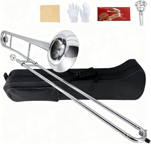 Bb Tenor Slide Trombone B Flat Gold Brass Plated Trombone for Beginners and Adults with Mouthpiece Carrying Case White Gloves Wipe Cloth (gold)