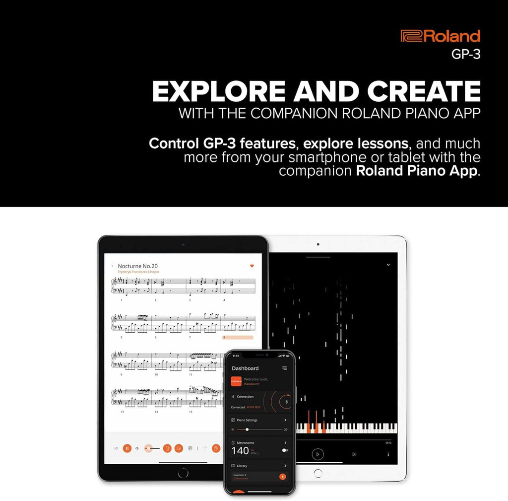 Roland GP-3 Digital Piano | Low-Profile Grand Piano with a Space-Saving Footprint | Premium Roland Piano Technologies | Authentic Tone and Touch | Immersive Sound | Onboard Bluetooth® & More