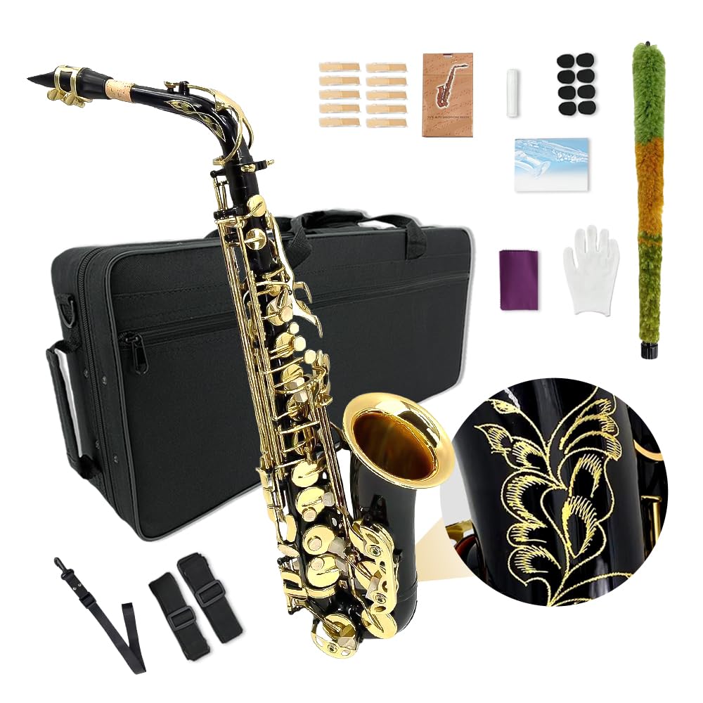 Vetimobato Student Alto Saxophone E Flat for Adults Beginner to Intermediate Eb Sax Kit Gold Lacquer Full Brass Instrument with Hard Case, Mouthpiece, 10 Reeds, 8 pads, Neck strap, Cleaning Kit