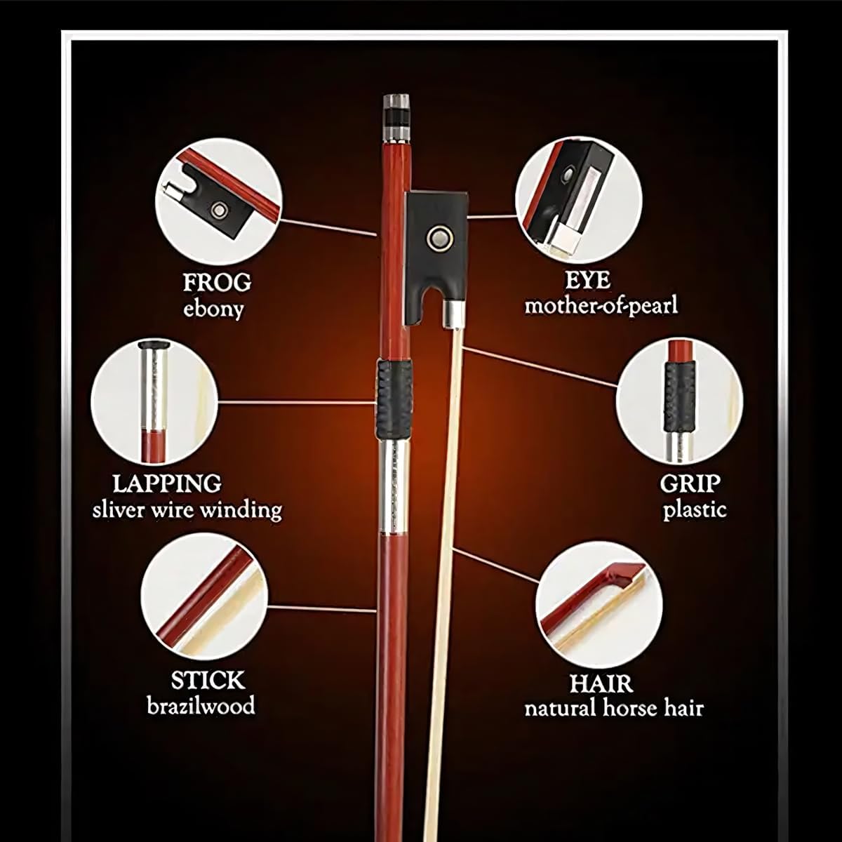 AMZZ Professional 1/2 Violin Bow – Brazilwood, Ebony Frog, White Horsehair, Handmade & Balanced for Students & Advanced Players