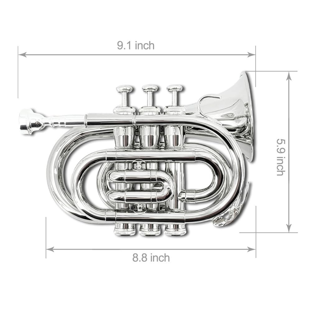 Pocket Trumpet Bb Flat Brass Trumpet for Beginner Student with 7C Mouthpiece Carrying Hard Case Cleaning Cloth Gloves