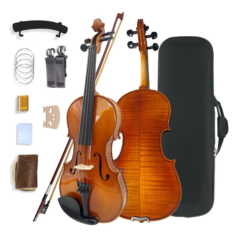 Vetimobato Handmade 4/4 Full Size Violin Set - One-piece Flame Back Maple Neck Solid Wood Fittings Complete Kit with Case Bow Shoulder Rest Strings for Beginners to Intermediate Players (4/4)