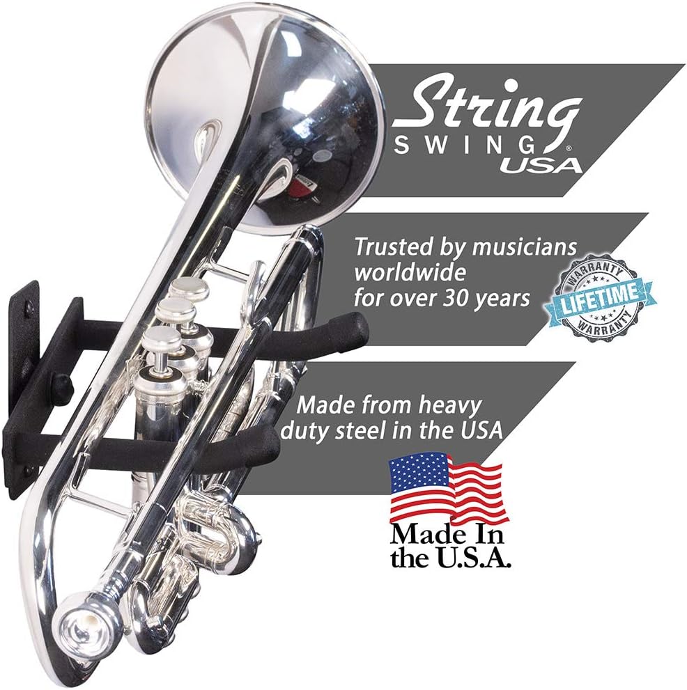String Swing Horizontal Wall Mount Trumpet Holder - Stand for All Trumpets Including Piccolo and Pocket - Musical Instruments Safe Without Hard Cases - Made in USA