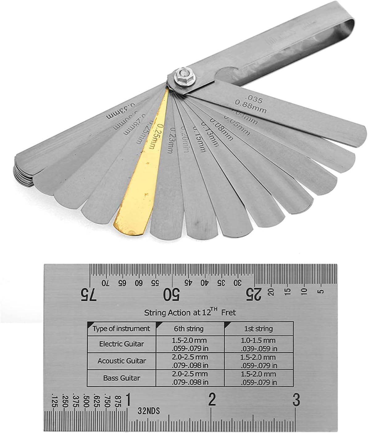 Guitar String Action Gauge Ruler, 32 Piece Feeler Gauges Set with Fingerboard Fret Protector Guards Stainless Steel Guitar Setup Tools for Acoustic Electric Maintenance