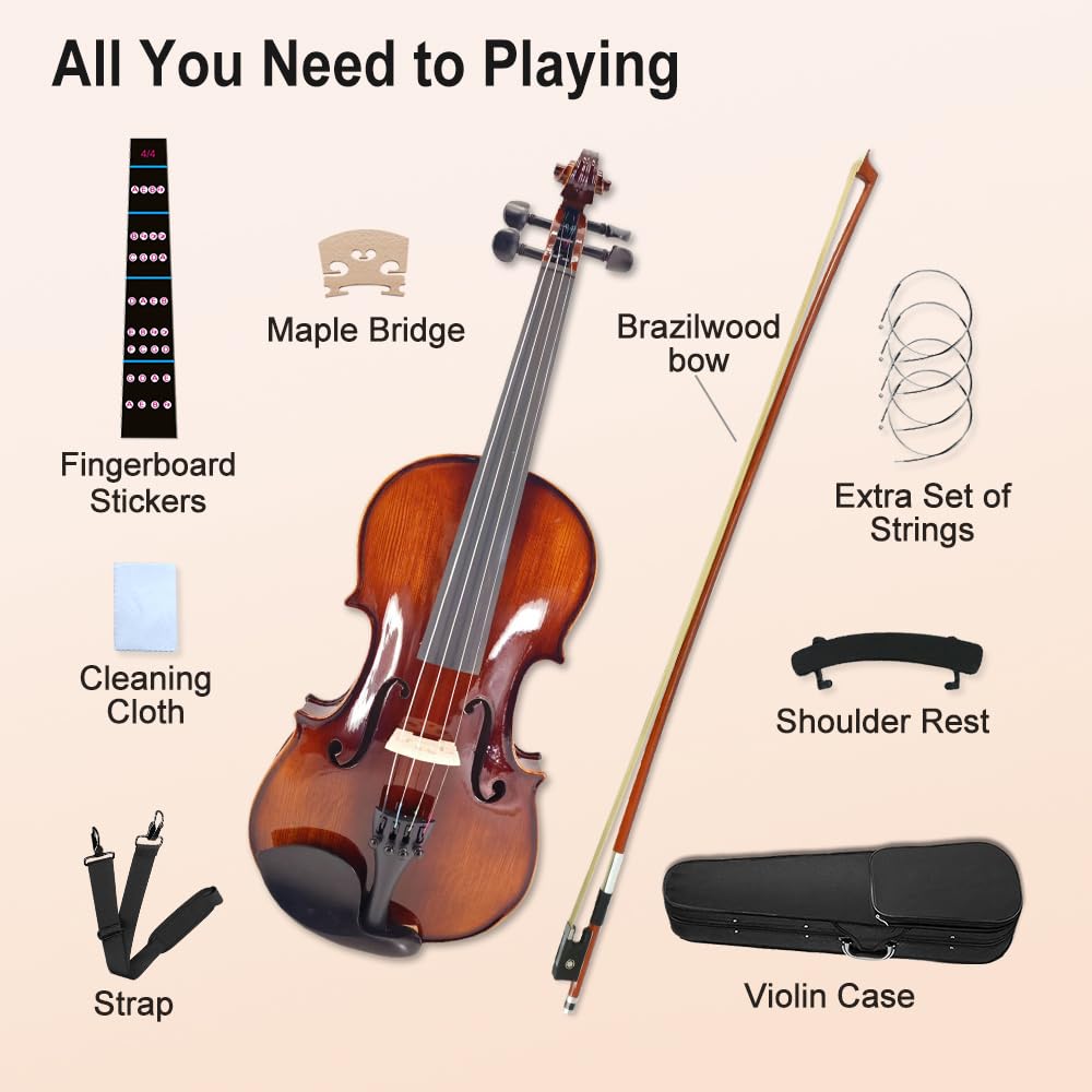 Vetimobato Handmade 4/4 Full Size Violin Set - One-piece Flame Back Maple Neck Solid Wood Fittings Complete Kit with Case Bow Shoulder Rest Strings for Beginners to Intermediate Players (4/4)