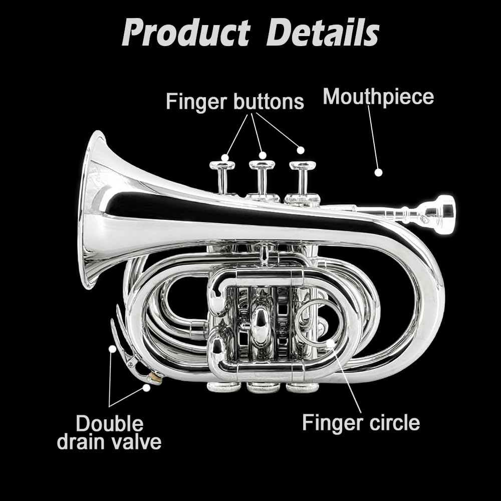 Bb Pocket Trumpet - Brass Pocket Trumpet B Flat Nickel Plated, 7C Mouthpiece, Complete Beginner Kit - Includes Hard Carrying Case, Cleaning Kit, Gloves, golden