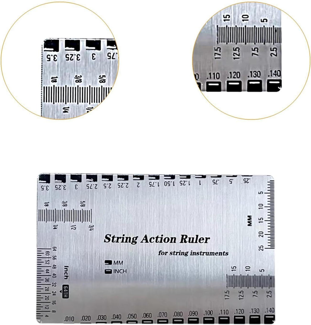 String Action Ruler Guitar Setup Gauge Tool Easy to Read Markings Compact Repairing Luthier Tool for Acoustic Guitar Mandolin, Silver