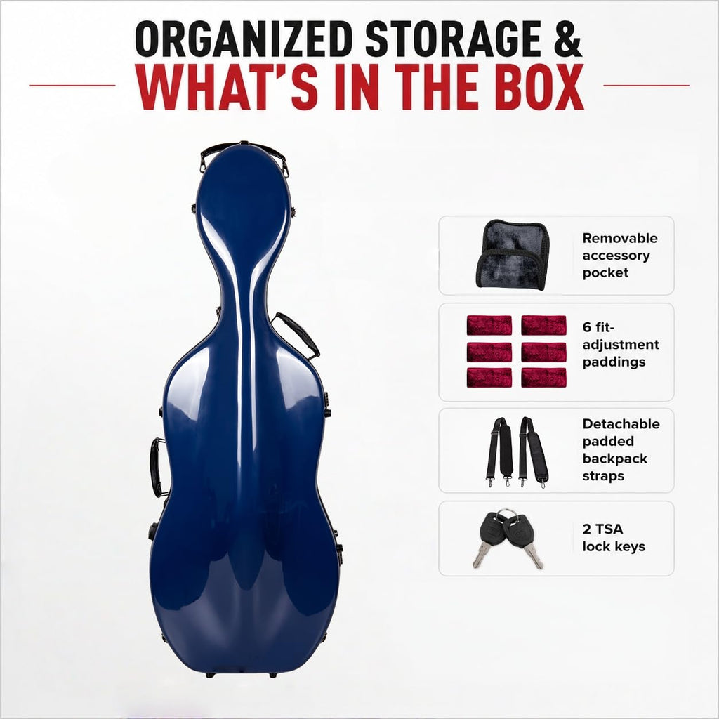 Crossrock Fiberglass 4/4 Cello Case with Wheels — Enlarged Interior Fits More Cellos | TSA Lock, Backpack Straps, Music Pouch & 3 Handles | Waterproof Hardshell — Black (CRF2030CEFBK)