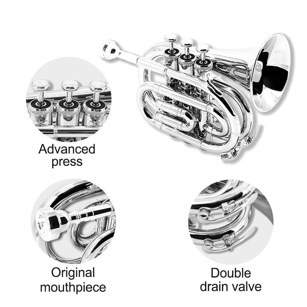 Yinfente Bb Flat Pocket Trumpet Bass Trumpet For Beginner,Student With Cleaning cloth, Silver plated 7C mouthpiece,hard case White gloves (Gold)