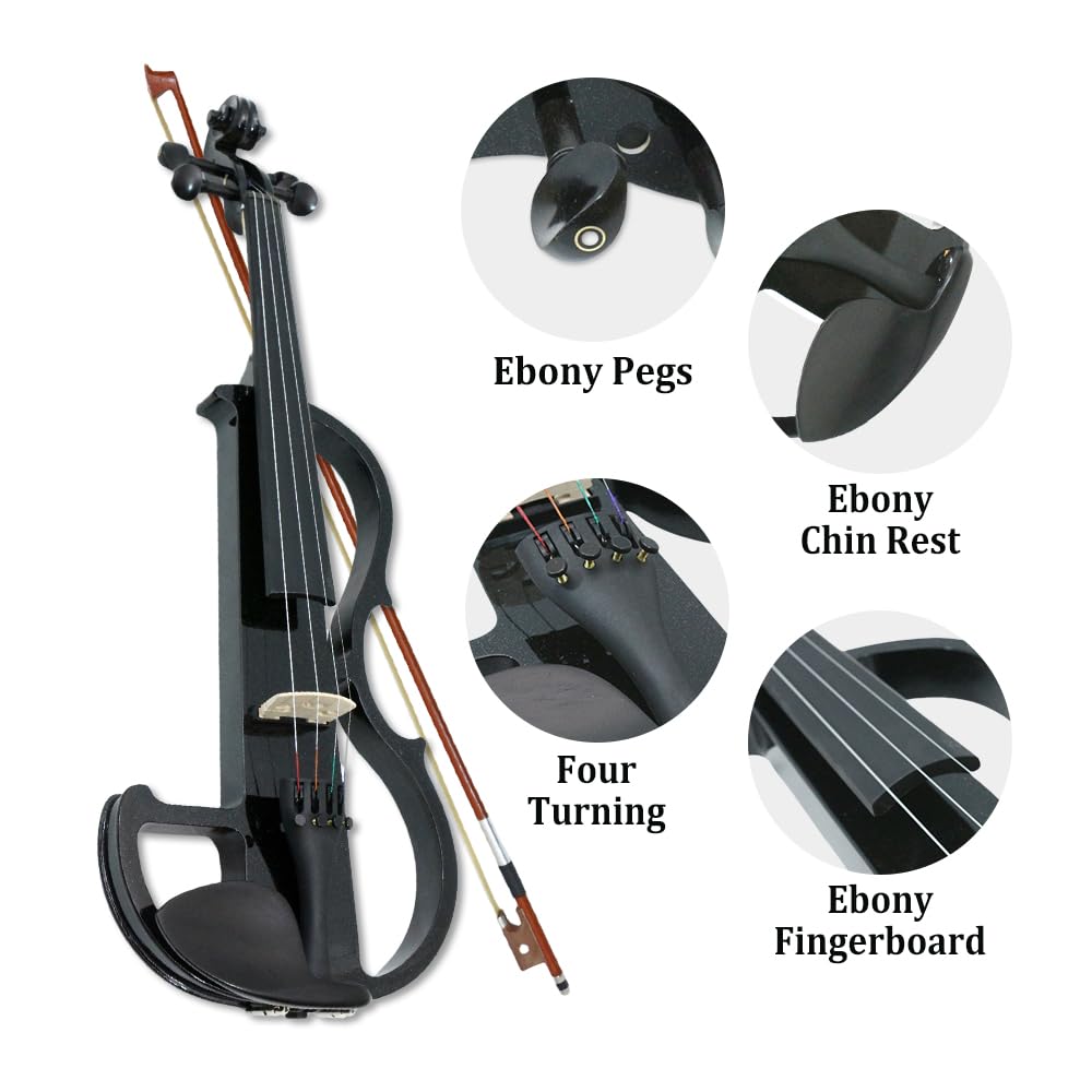 4/4 Full Size Electric Violin – Silent Electric Violin with Headphone Jack, Ebony Fittings – Includes Case, Bow, – Ideal for Practice & Performance (Black)