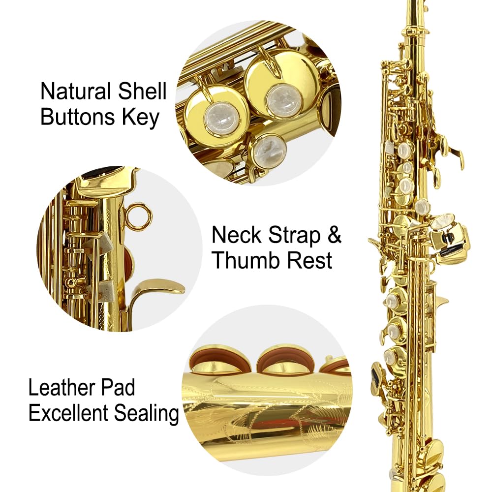 Bb Soprano Saxophone Straight Gold Sax Instruments for Beginners Students with Mouthpiece Carrying Case Straps 10Reed (gold)