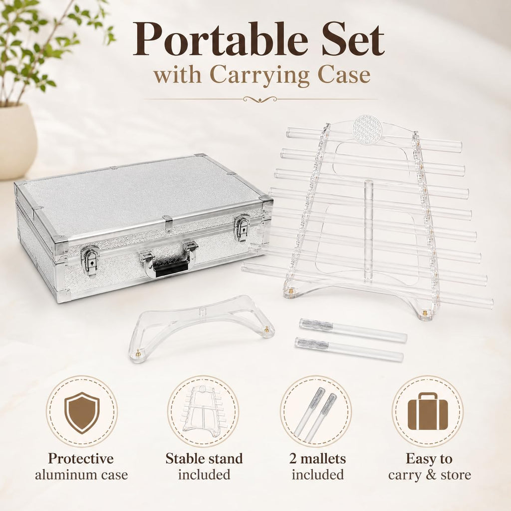 Quartz Crystal Harp for Sound Therapy, 432Hz/440Hz 8 Note CDEFGABC Quartz Crystal Singing Harp, Includes 8 Notes and Alumina Alloy Case, for Sound Baths and Meditation (A,440hz)