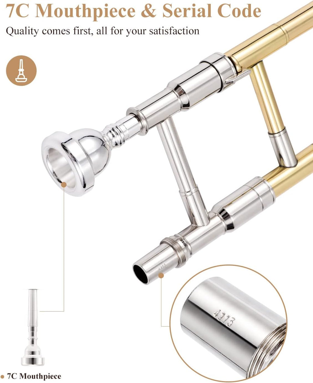 Eastar Bb Tenor Slide Trombone for Beginners Students, B Flat Brass Plated Trombone Instrument with Mouthpiece, White Gloves, Cleaning Kit, ETB-330, Golden