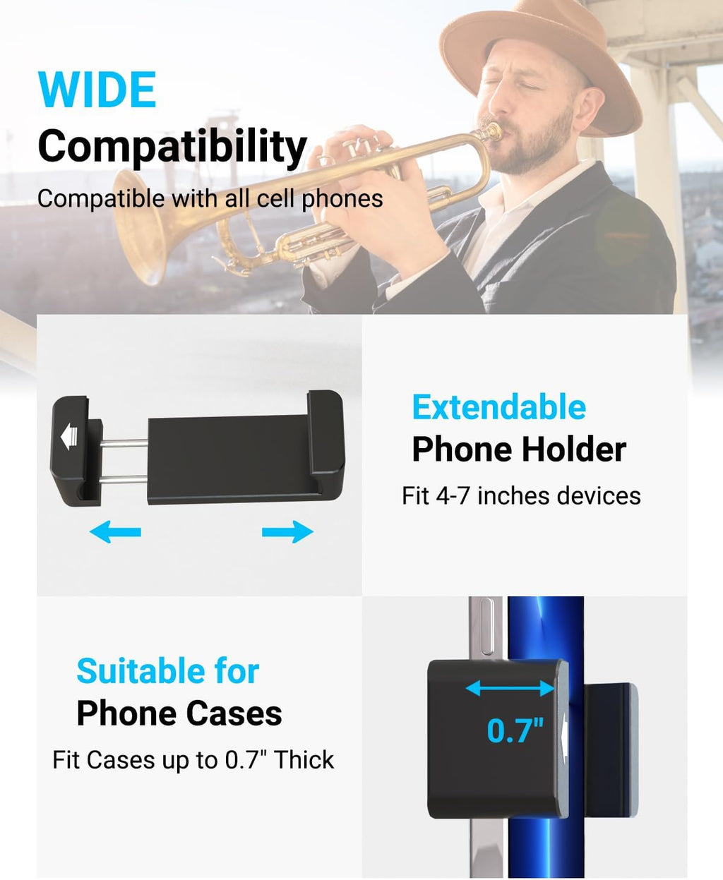 Trumpet Lyre Phone Music Holder – Adjustable Cornet Smartphone Mount, Marching Band Sheet Music Clip for iPhone 16 Pro Max, Galaxy, All 4-7" Smartphone