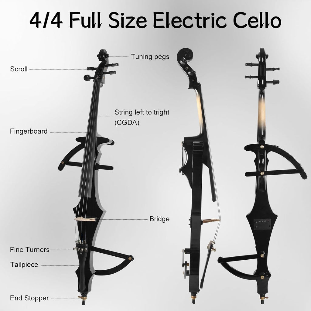 Electric Cello 4/4 Full Size Ebony Fittings with Lightweight Cello Bag, Headphones, Bow, Bridge, Cello for Beginners Adults Student,Metallic Black