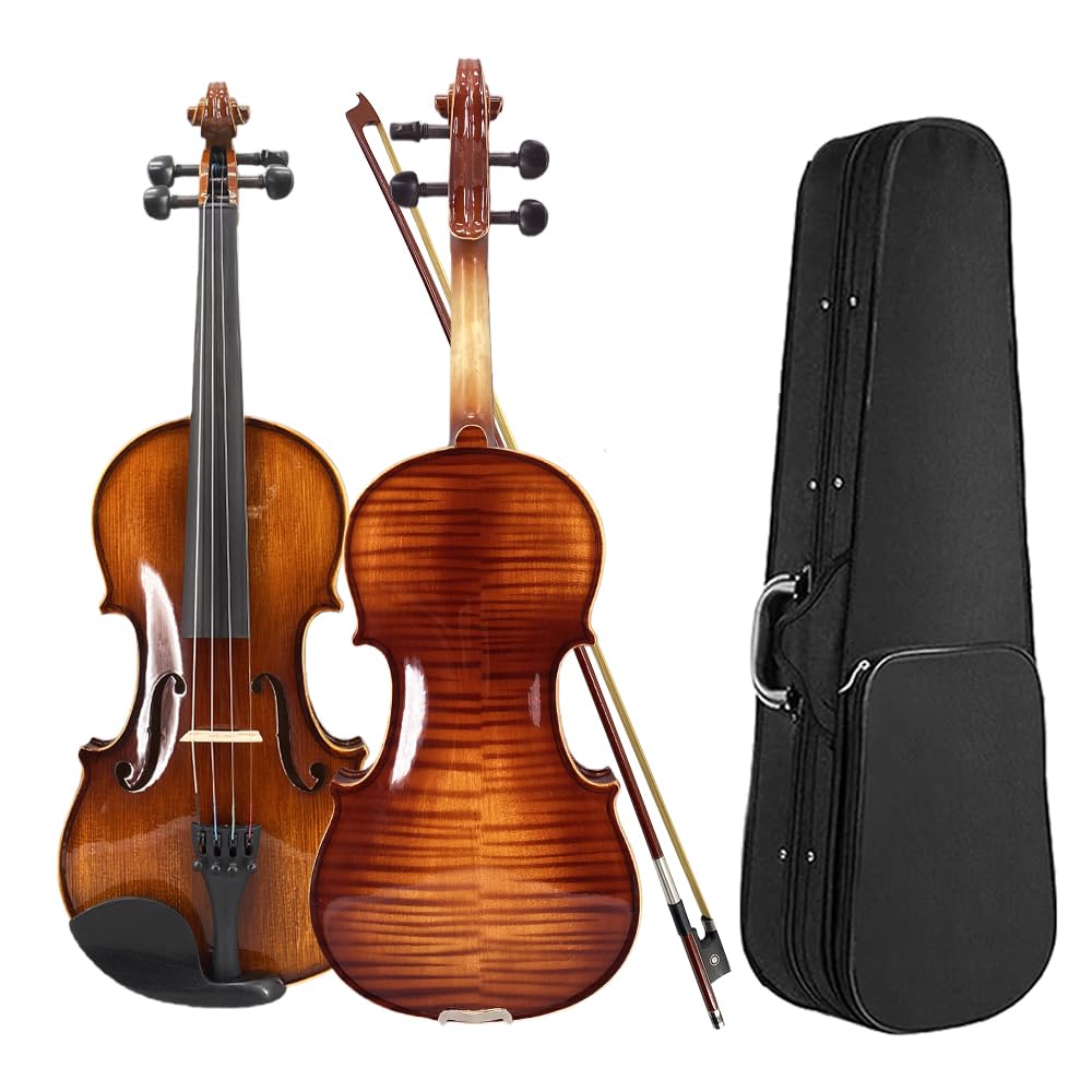 Vetimobato Handmade 4/4 Full Size Violin Set - One-piece Flame Back Maple Neck Solid Wood Fittings Complete Kit with Case Bow Shoulder Rest Strings for Beginners to Intermediate Players (4/4)
