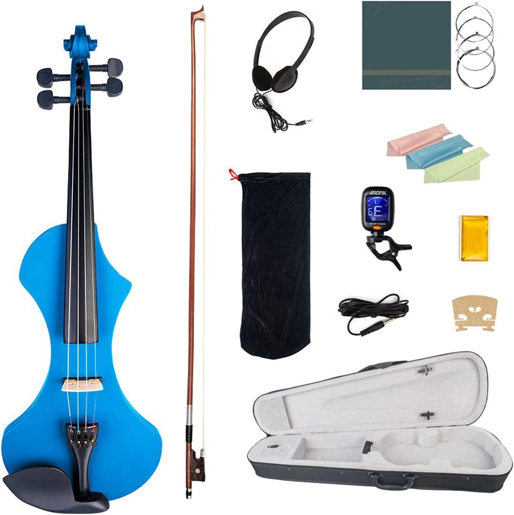 Cello Kit Professional 4/4 Electric Violin Kit Solid Wood Body with Brazilian Wooden Bow + Rosin + Case + Bag + Tuner + Strings + Bridge + Audio Cable Violin