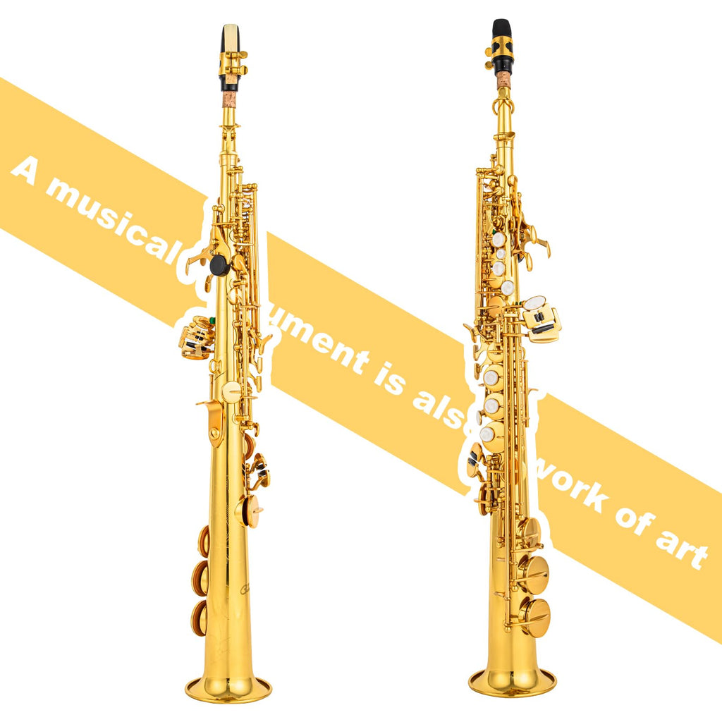 Bb Soprano Saxophone Straight Gold Laquer Sax Instruments for Beginners Students Intermediate Players with Carrying Case,White Gloves.Cleaning kit.neck Strap.Mouthpiece (Gold body nickel bond)