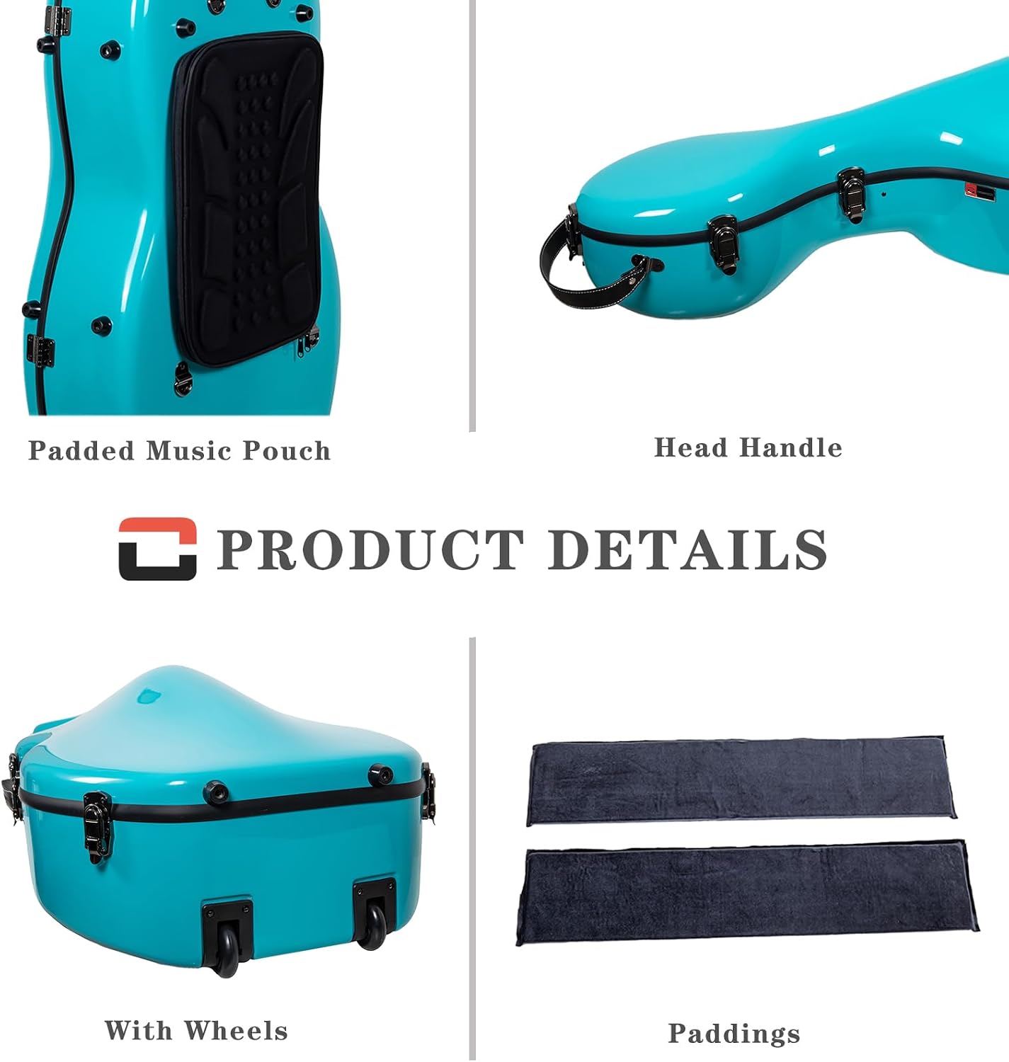 Crossrock Fiberglass 4/4 Cello Case with Wheels – Mint Blue Finish, Grey Velvet Interior, Lock, Music Pouch – Hardshell Travel Case (CRF2020CEFMB)