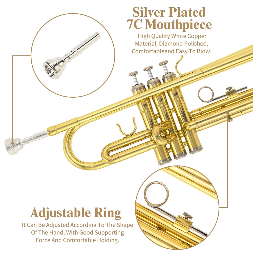 Trumpet Instrument,Band & Orchestra Musical Instruments for Beginners,With trumpets case,Mouthpiece,Cloth and Gloves (Golden)
