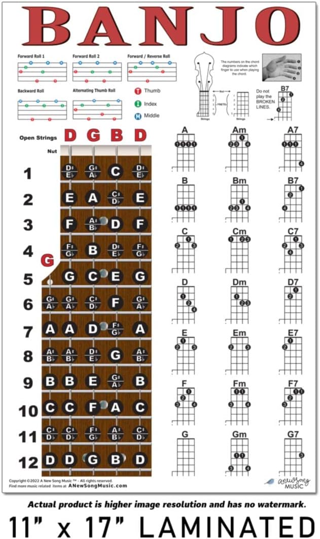 Banjo Chord Chart, Fretboard Notes & Right-Hand Rolls, Laminated 11x17 | Build confidence with chords, fretboard notes and right-hand rolls on one large laminated banjo practice reference.