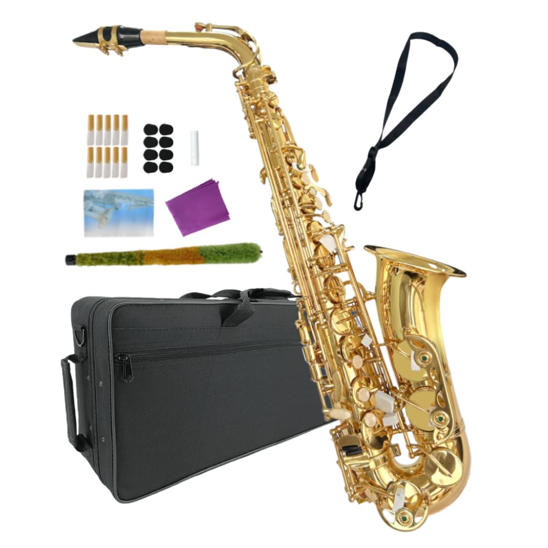 Beginner Alto Saxophone, E Flat - Complete Starter Kit with Case & 10 Reeds, for Adults & Students, Easy to Play for School Band & Practice(Gold)