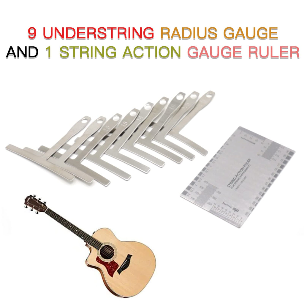 10-Piece Guitar Luthier Tool Set Radius Gauge and Action Ruler | understring gauge set, neck action height check, acoustic electric bass fit, silver steel ruler, nut saddle fret setup