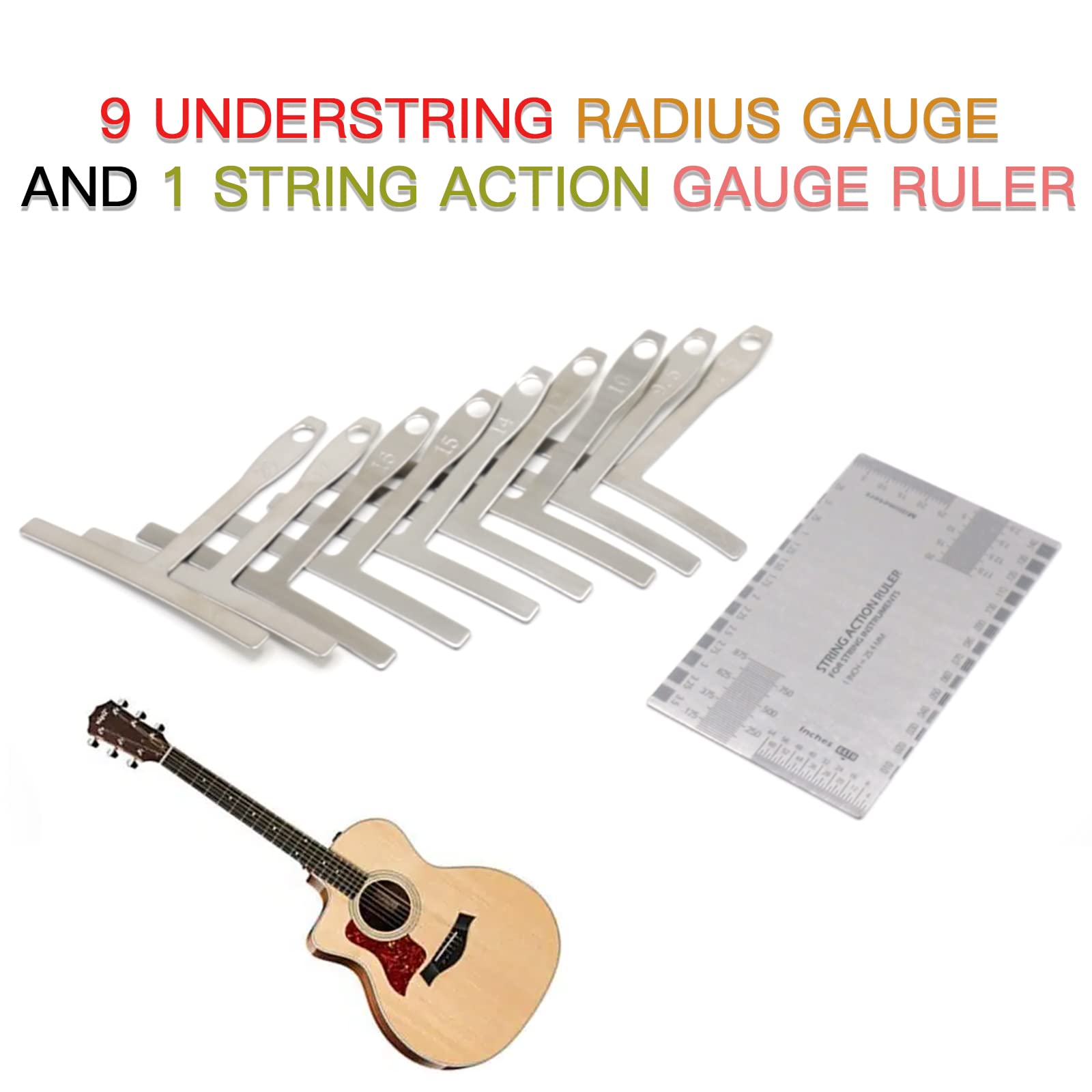 10-Piece Guitar Luthier Tool Set Radius Gauge and Action Ruler | understring gauge set, neck action height check, acoustic electric bass fit, silver steel ruler, nut saddle fret setup