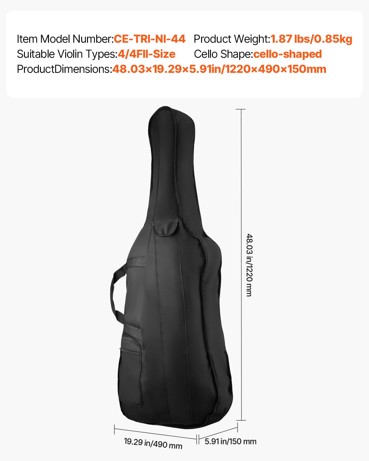 VEVOR 4/4 Full Size Cello Case, Lightweight Portable Travel Carrying Bag, with Dual Shoulder Straps, Anti-Scratch, Professional Cello-Shape, for Cello, Black
