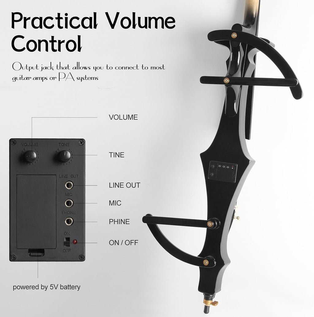 Electric Cello 4/4 Full Size Ebony Fittings with Lightweight Cello Bag, Headphones, Bow, Bridge, Cello for Beginners Adults Student,Metallic Black