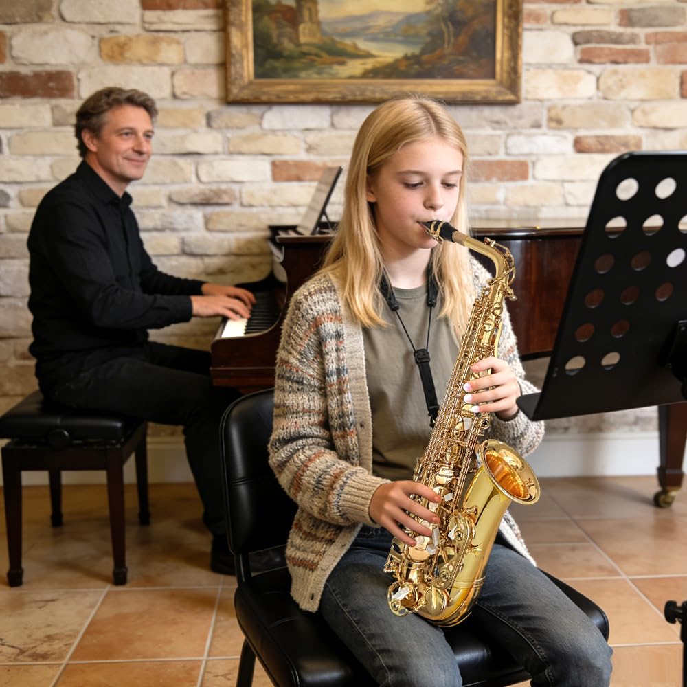 Beginner Alto Saxophone, E Flat - Complete Starter Kit with Case & 10 Reeds, for Adults & Students, Easy to Play for School Band & Practice(Gold)