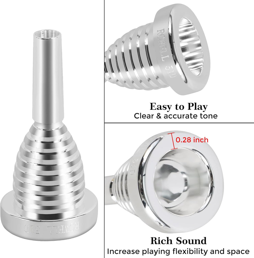 ROWELL 51D Silver Trombone Mouthpiece - Brass, Compatible with Beginners and Professionals, Modern Style, B Flat Instrument